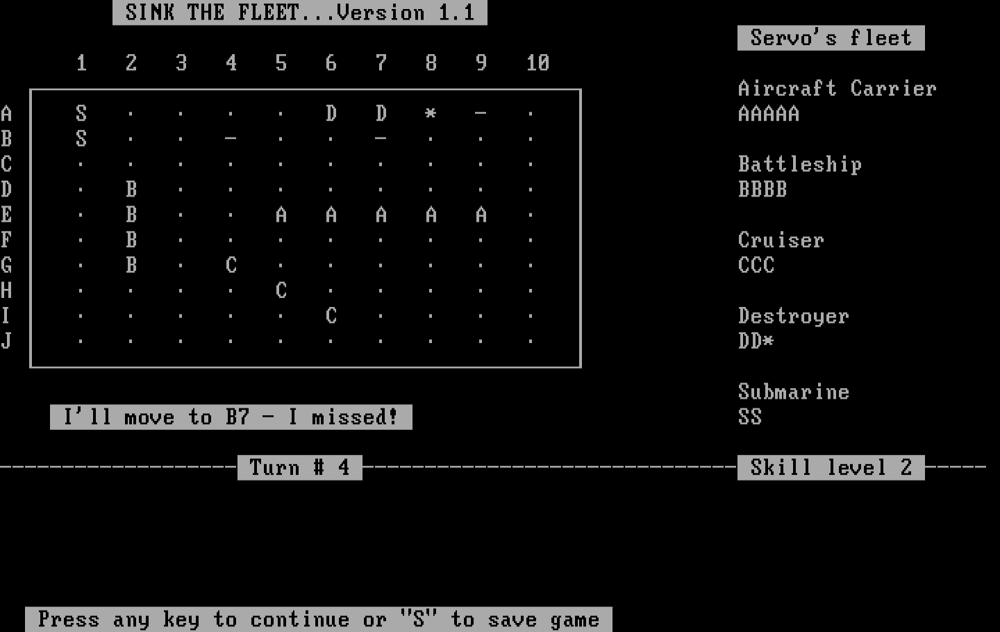 Sink the Fleet IBM PC/Compatibles Screenshot: The computer player missed...