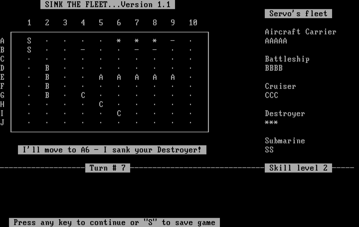 Sink the Fleet IBM PC/Compatibles Screenshot: The computer sank my destroyer!