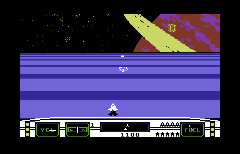 Moonsweeper Commodore 64 Screenshot: Use those white devices to increase speed and eventually return to orbit!
