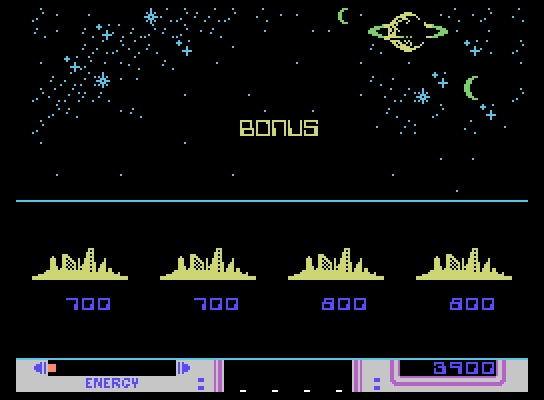Nova Blast ColecoVision Screenshot: End of wave, bonus for cities saved...