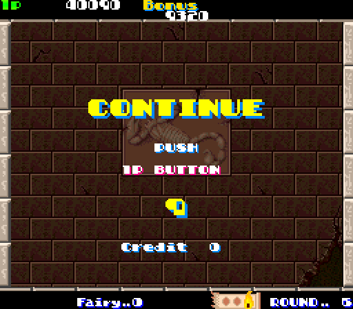 Solomon's Key Arcade Screenshot: Game over; continue?