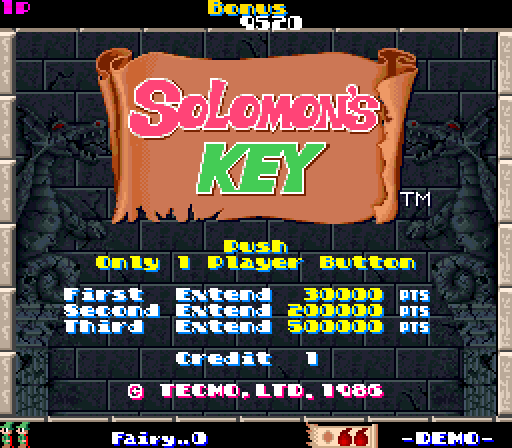 Solomon's Key Arcade Screenshot: Push 1 player button to begin.