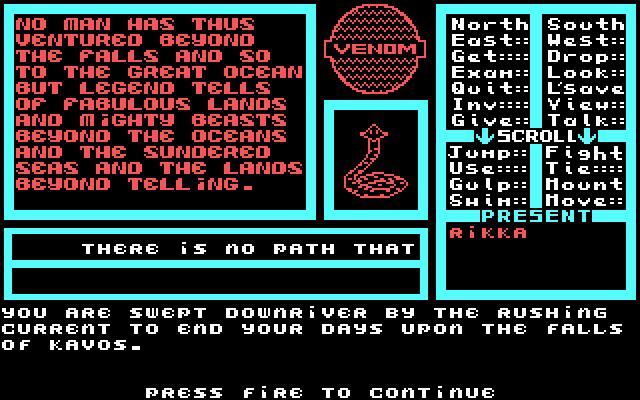 Venom IBM PC/Compatibles Screenshot: I fell in the river, game over.