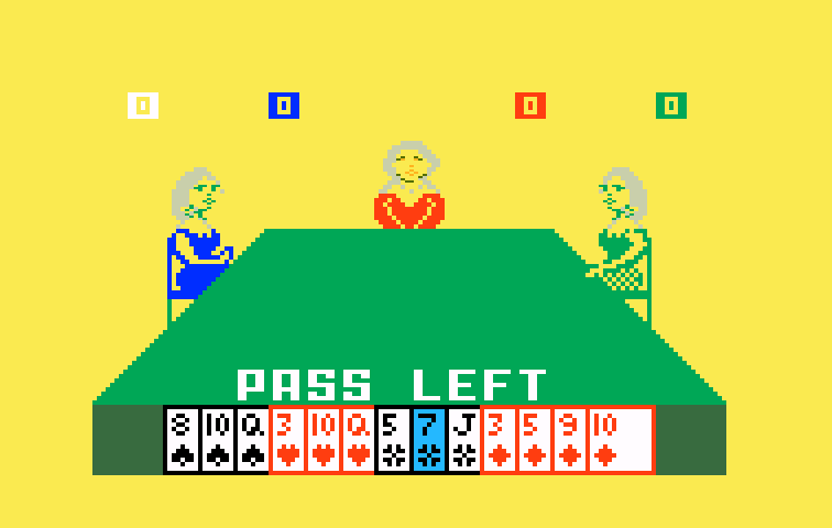 Royal Dealer Intellivision Screenshot: Beginning a game of hearts.