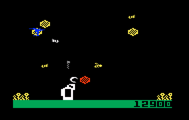 Buzz Bombers Intellivision Screenshot: Flowers are starting to build up along the ground.