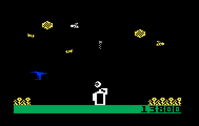 Buzz Bombers Intellivision Screenshot: The white bugs fly much faster than the bees!