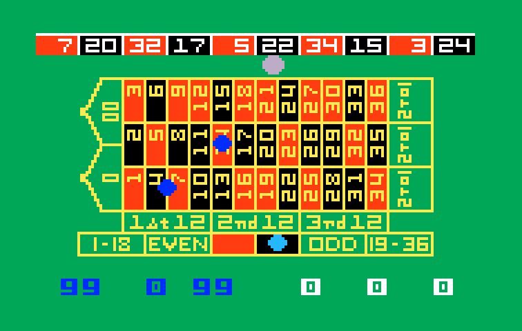 Las Vegas Roulette Intellivision Screenshot: The roulette wheel spins (shown at the top of the screen)...