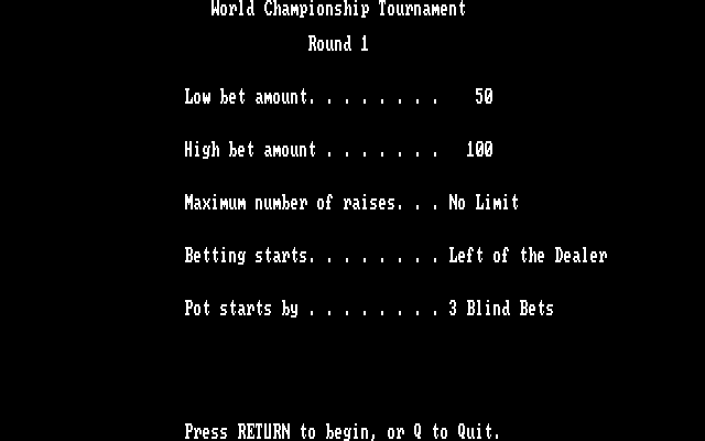 Championship Poker IBM PC/Compatibles Screenshot: World championship tournament, rounde 1...