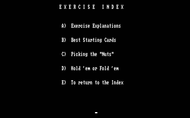 Championship Poker IBM PC/Compatibles Screenshot: The exercise index.