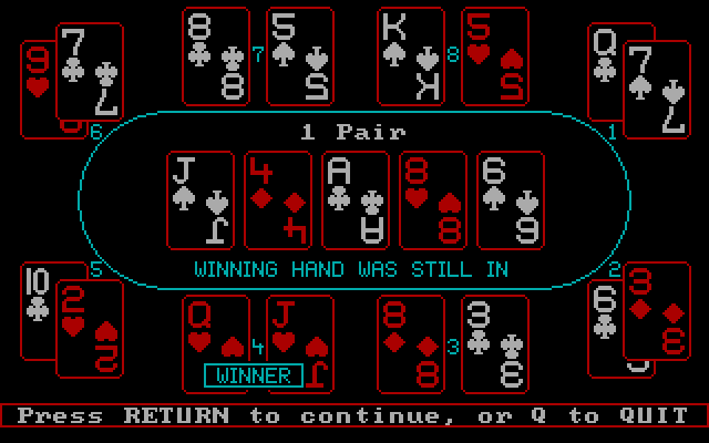 Championship Poker IBM PC/Compatibles Screenshot: Hand 4 was the winner in this exercise.