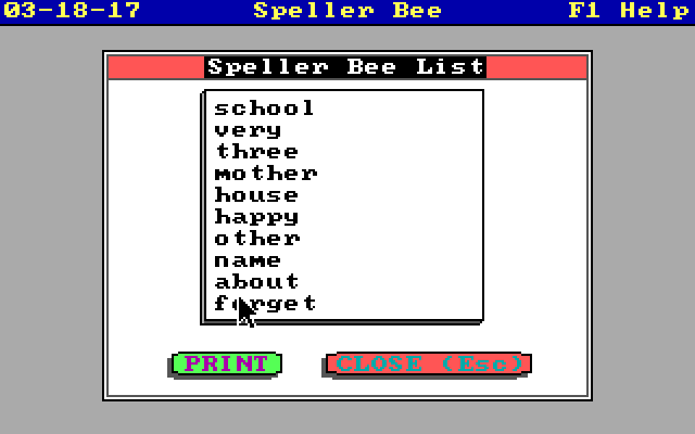 Speller Bee IBM PC/Compatibles Screenshot: Here's one of the word lists included with the game.