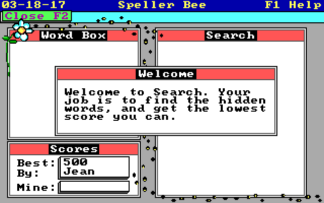 Speller Bee IBM PC/Compatibles Screenshot: Welcome to word search...