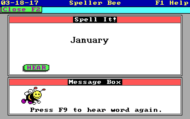 Speller Bee IBM PC/Compatibles Screenshot: Listen and see a word first, then try to spell it!