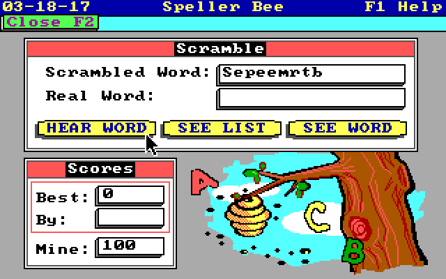 Speller Bee IBM PC/Compatibles Screenshot: Here's the scrambled word...can you type the real word?