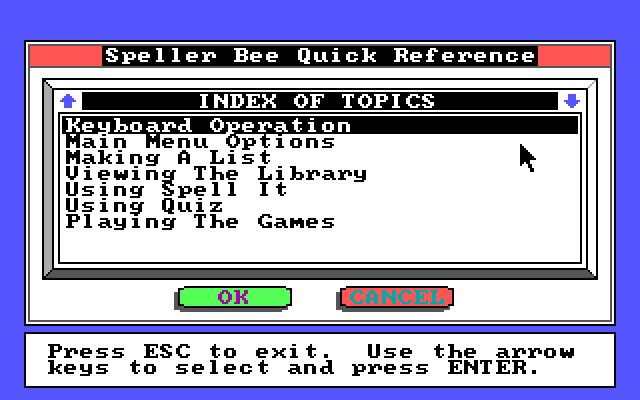 Speller Bee IBM PC/Compatibles Screenshot: A quick reference is included to tell you about the activities.