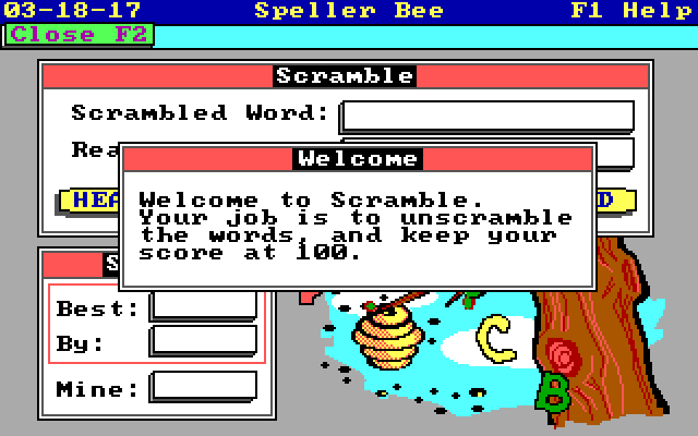 Speller Bee IBM PC/Compatibles Screenshot: Are you ready for word scramble?