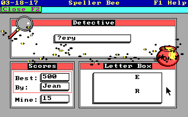 Speller Bee IBM PC/Compatibles Screenshot: Try to fill in the missing letters...