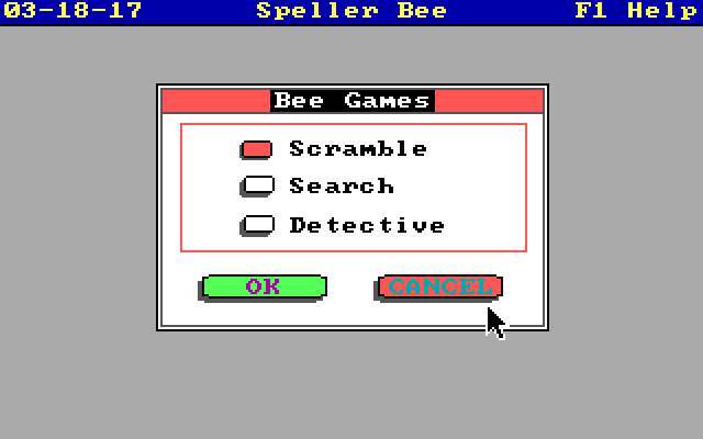 Speller Bee IBM PC/Compatibles Screenshot: Here are the games included with the program.
