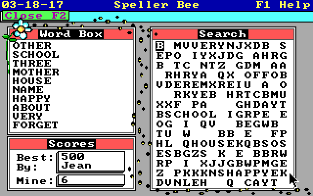 Speller Bee IBM PC/Compatibles Screenshot: Can you find hidden words in this mess?