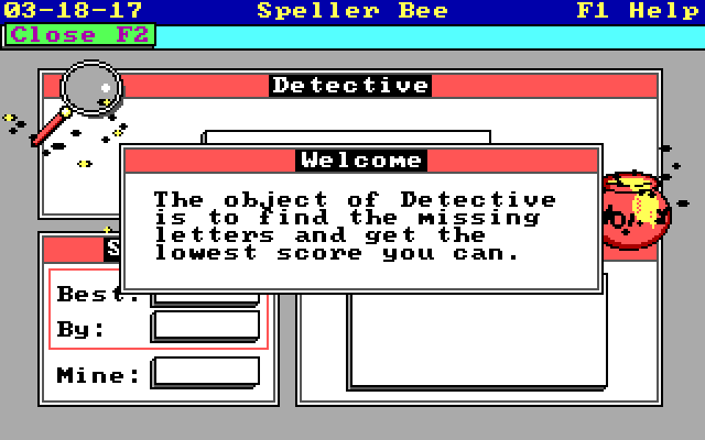 Speller Bee IBM PC/Compatibles Screenshot: Welcome to the detective game.