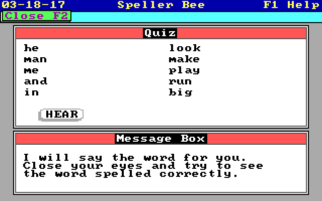 Speller Bee IBM PC/Compatibles Screenshot: Speller Bee quiz instructions.