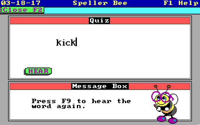 Speller Bee IBM PC/Compatibles Screenshot: After you hear the word, try to spell it!