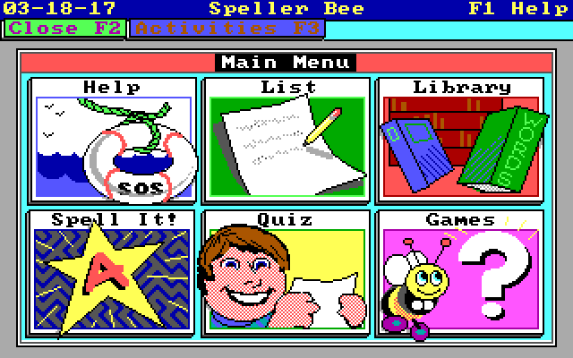 Speller Bee IBM PC/Compatibles Screenshot: The main game menu.