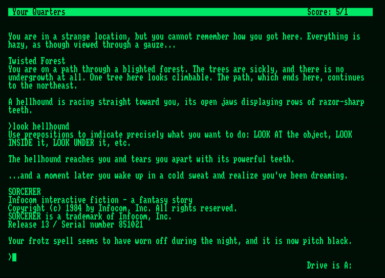 Sorcerer Amstrad PCW Screenshot: Game start; it is now pitch black...