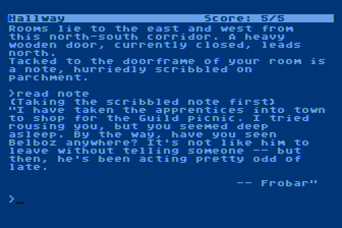 Sorcerer Atari 8-bit Screenshot: I found a note...any useful information here?