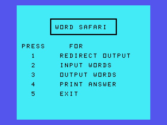 Oldies But Goodies - Games II TI-99/4A Screenshot: Word Safari: game menu.