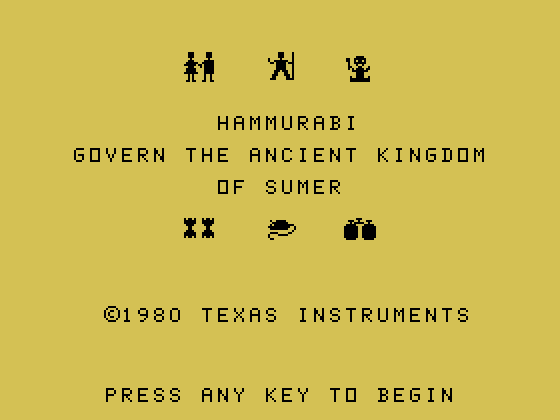 Oldies But Goodies - Games II TI-99/4A Screenshot: Hammurabi: title screen.