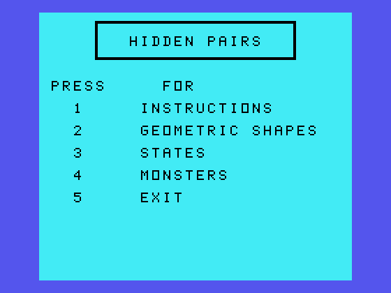 Oldies But Goodies - Games II TI-99/4A Screenshot: Hidden Pairs: game menu.