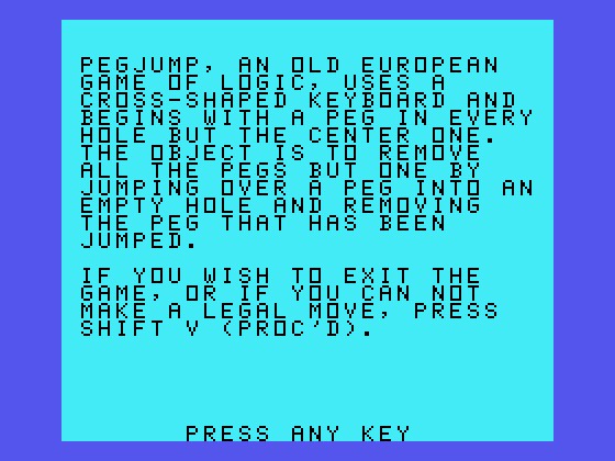 Oldies But Goodies - Games II TI-99/4A Screenshot: Peg Jump: game instructions.