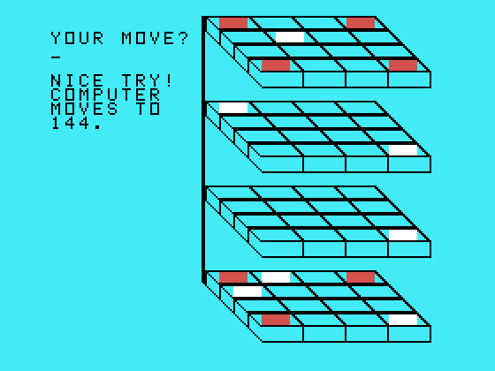 Oldies But Goodies - Games II TI-99/4A Screenshot: 3-D Tic Tac Toe: Nice try! I didn't win yet...