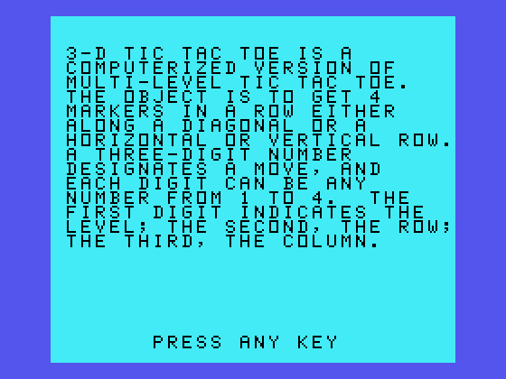 Oldies But Goodies - Games II TI-99/4A Screenshot: 3-D Tic Tac Toe game instructions.