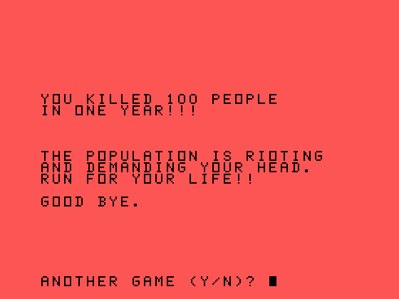 Oldies But Goodies - Games II TI-99/4A Screenshot: Hammurabi: game over.