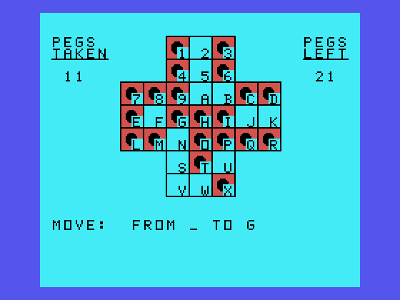 Oldies But Goodies - Games II TI-99/4A Screenshot: Peg Jump: slowly clearing the board...