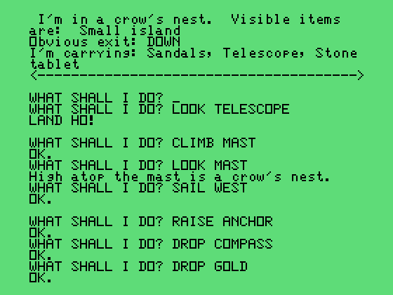 Golden Voyage, The TI-99/4A Screenshot: Land ho! I wonder where I am?