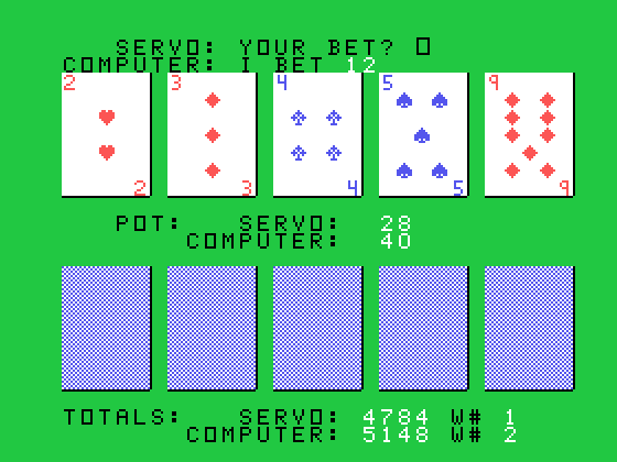 Draw Poker TI-99/4A Screenshot: How much do you want to bet?