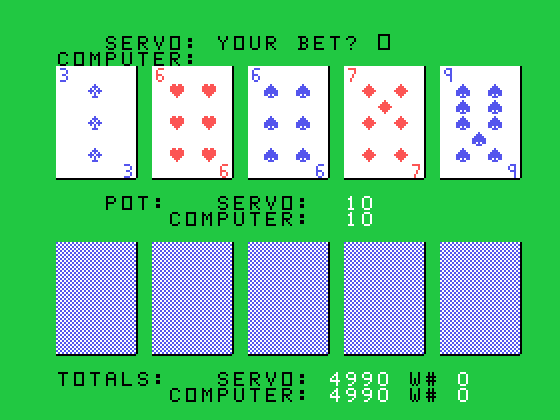 Draw Poker TI-99/4A Screenshot: Game start.