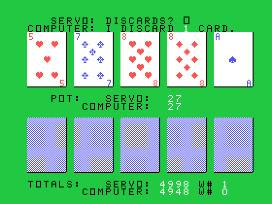 Draw Poker TI-99/4A Screenshot: Which cards do you wish to discard?