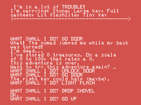 Pyramid of Doom TI-99/4A Screenshot: Game over! Try again?