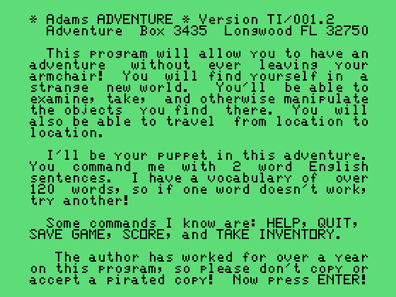 Pyramid of Doom TI-99/4A Screenshot: Welcome to Adventure!