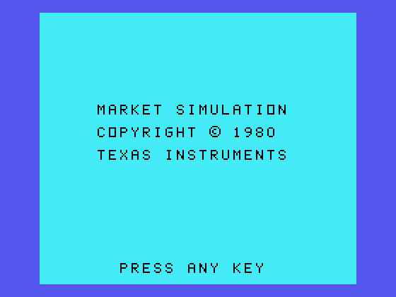 Market Simulation TI-99/4A Screenshot: Title screen.