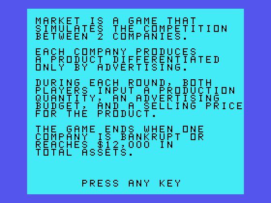 Market Simulation TI-99/4A Screenshot: Game introduction.