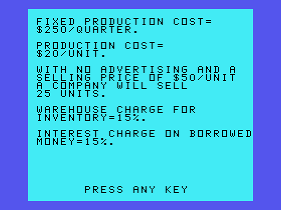 Market Simulation TI-99/4A Screenshot: Here's some useful information at the game start...