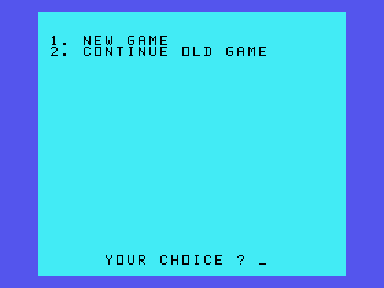 Market Simulation TI-99/4A Screenshot: Start a new game, or continue an old game?