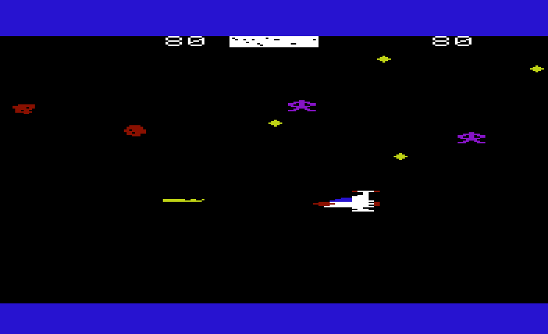 Meteor Run Commodore VIC-20 Screenshot: Blasting enemies and meteors...