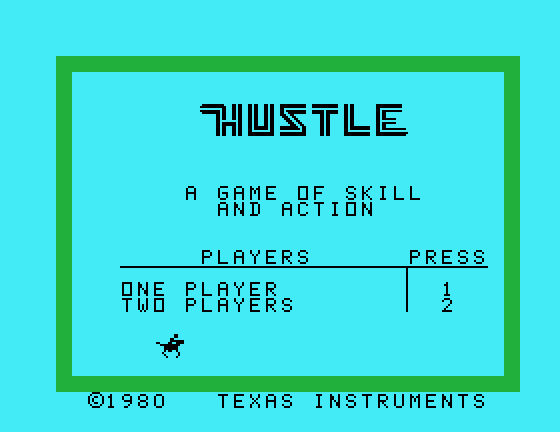 Hustle TI-99/4A Screenshot: Title screen.
