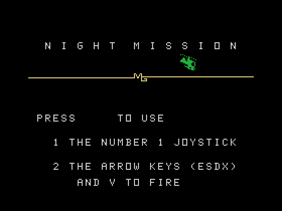Night Mission TI-99/4A Screenshot: Play with a joystick or the keyboard?